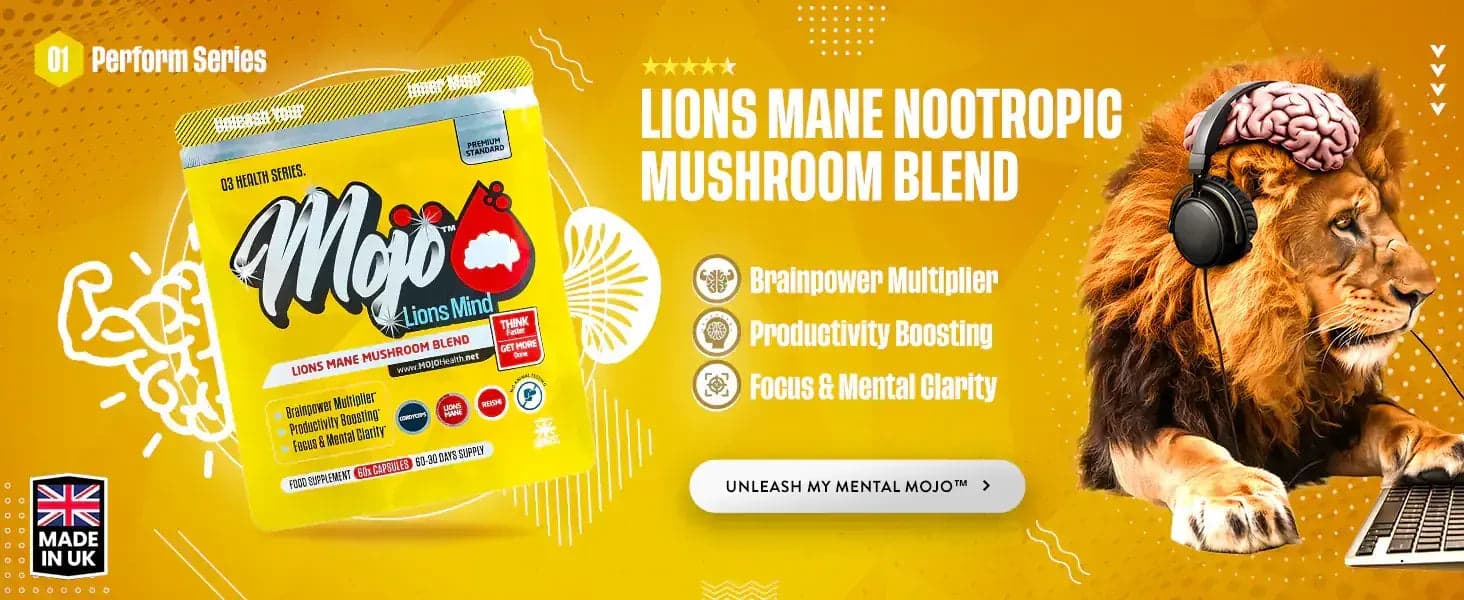 Mojo Lions Mind — mezcla nootrópica de champiñón melena de león: multiplicador de poder cerebral, impulsa la productividad, enfoque y claridad mental. Libera mi Mojo mental.