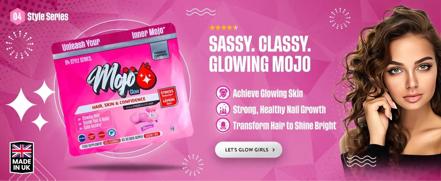 Mojo Glow cabello, piel y confianza — Mojo atrevido, elegante y radiante: consigue piel radiante, crecimiento fuerte y saludable de uñas, transforma tu cabello para que brille intensamente. Vamos a brillar.