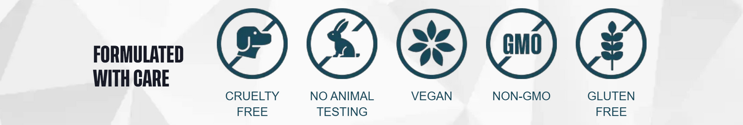 Formulado con cuidado — sin crueldad animal, sin pruebas en animales, vegano, sin transgénicos, sin gluten