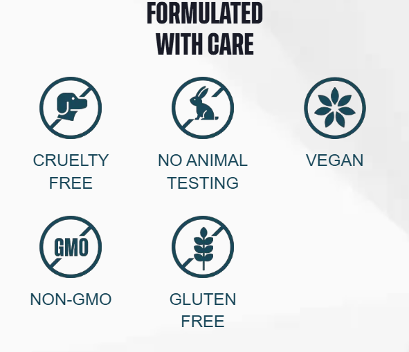Formulado con cuidado — sin crueldad animal, sin pruebas en animales, vegano, sin transgénicos, sin gluten