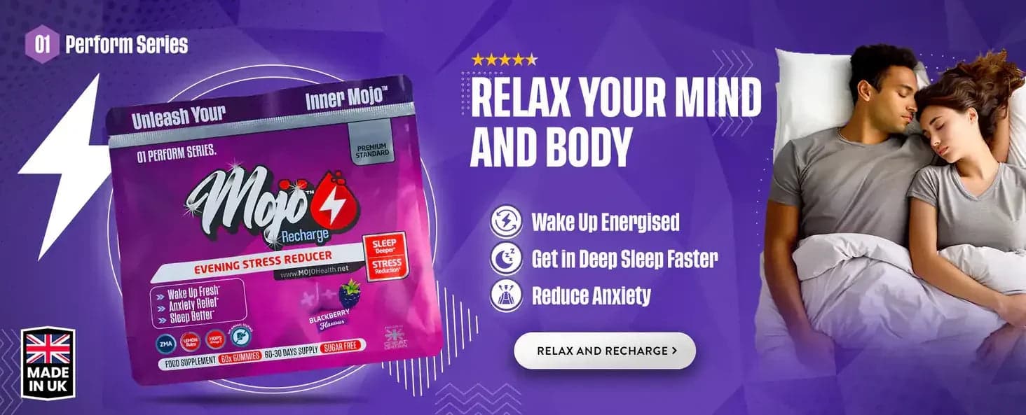 Mojo Recharge reductor de estrés vespertino — relaja tu mente y cuerpo: despierta energizado, concilia el sueño profundo más rápido, reduce la ansiedad. Relájate y recarga energía.